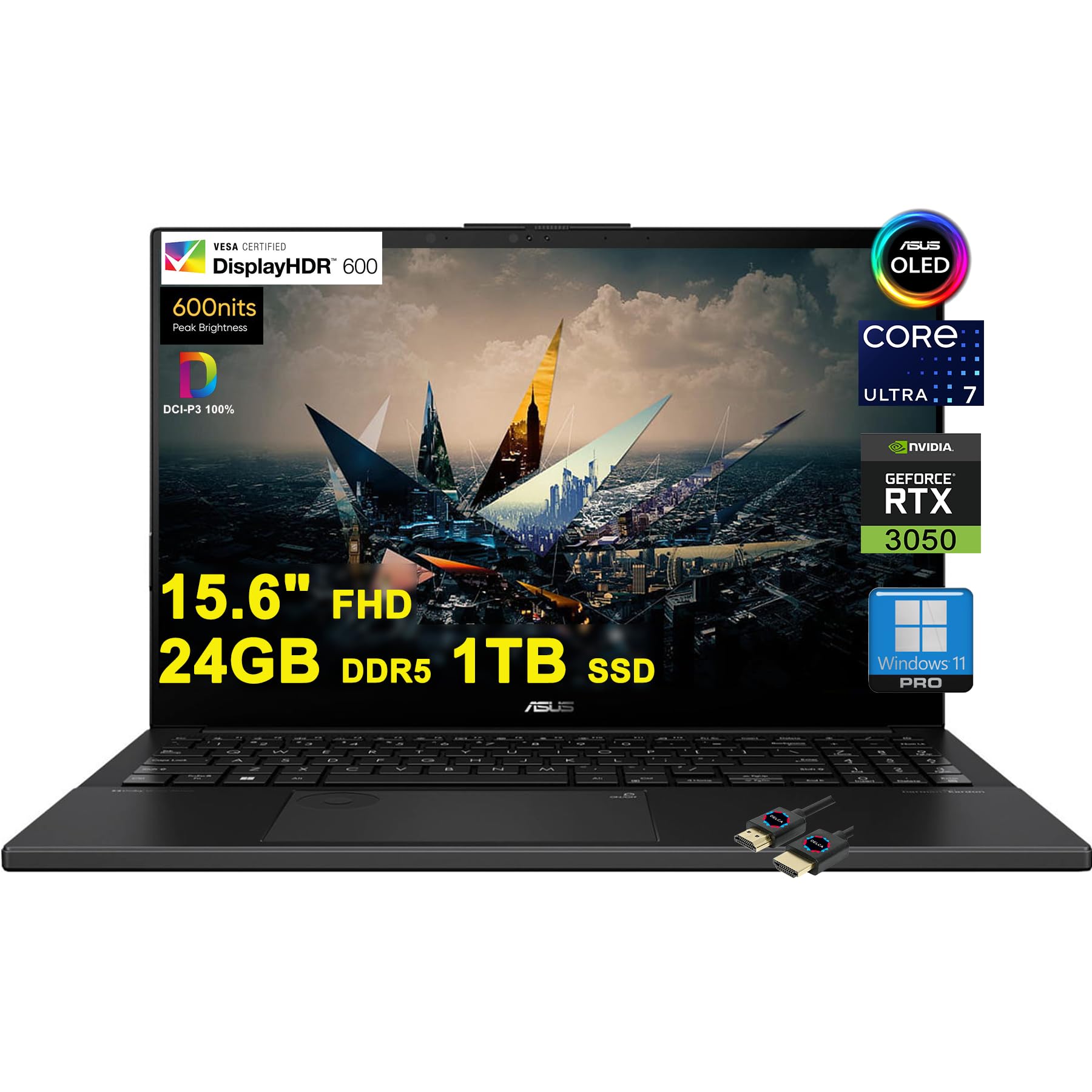 ASUS Vivobook Pro 15 OLED Creator Laptop | 15.6" FHD OLED 600nits 100% DCI-P3 | Intel 16-core Ultra 7 155H | 24GB DDR5 1TB SSD | GeForce RTX 3050 Backlit Thunderbolt Harman/Kardon Win11Pro +HDMI Cable