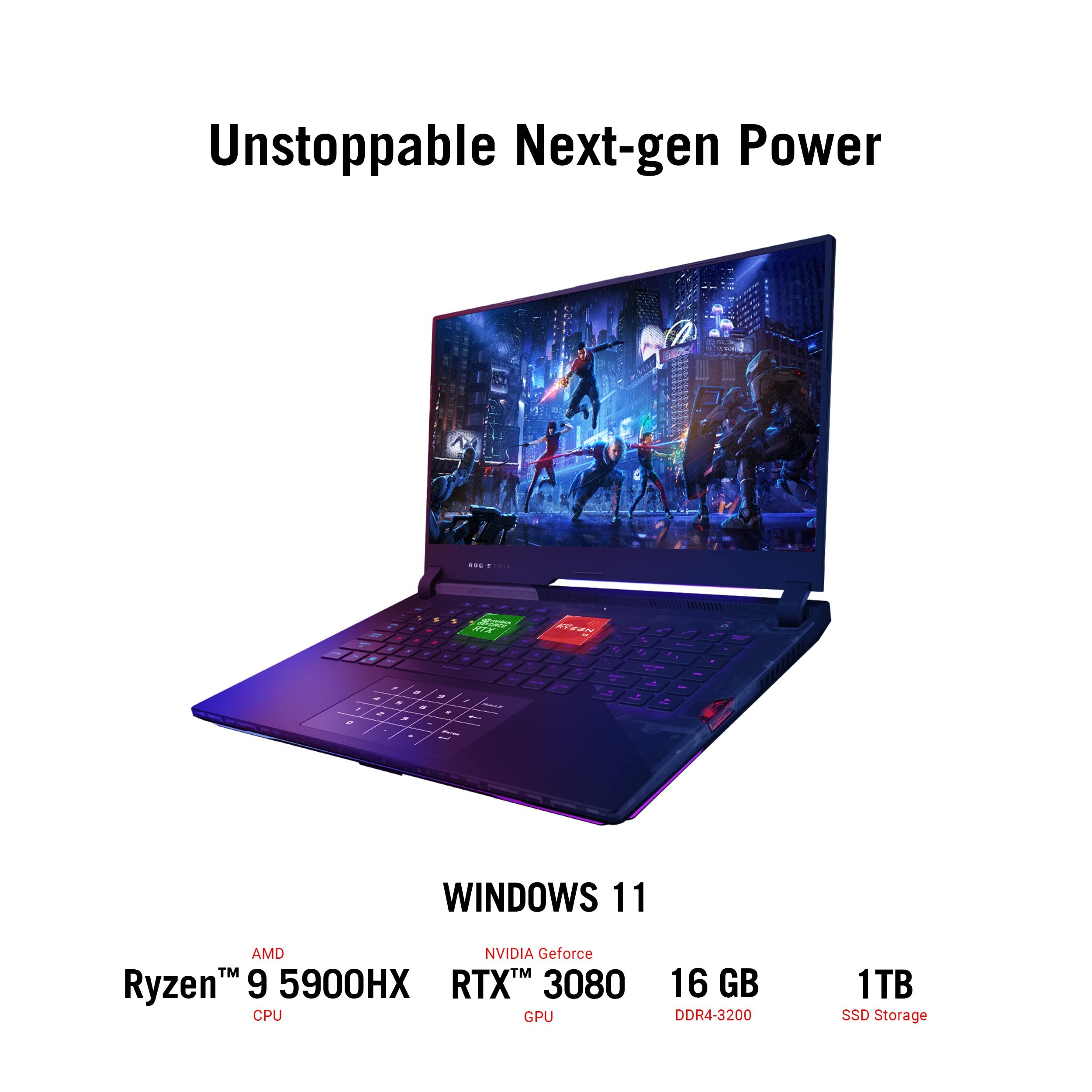 ASUS ROG Strix Scar 15 Gaming Laptop, 15.6" 300Hz IPS Type FHD Display, NVIDIA GeForce RTX 3080, AMD Ryzen 9 5900HX, 16GB DDR4, 1TB SSD, Opti-Mechanical Per-Key RGB Keyboard, Windows 11, G533QS-DS94