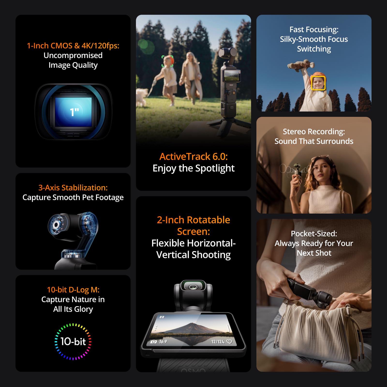 DJI Osmo Pocket 3, Vlogging Camera with 1'' CMOS & 4K/120fps Video, 3-Axis Stabilization, Face/Object Tracking, Fast Focusing, 2" Rotatable Touchscreen, UAE Version with Official Warranty Support