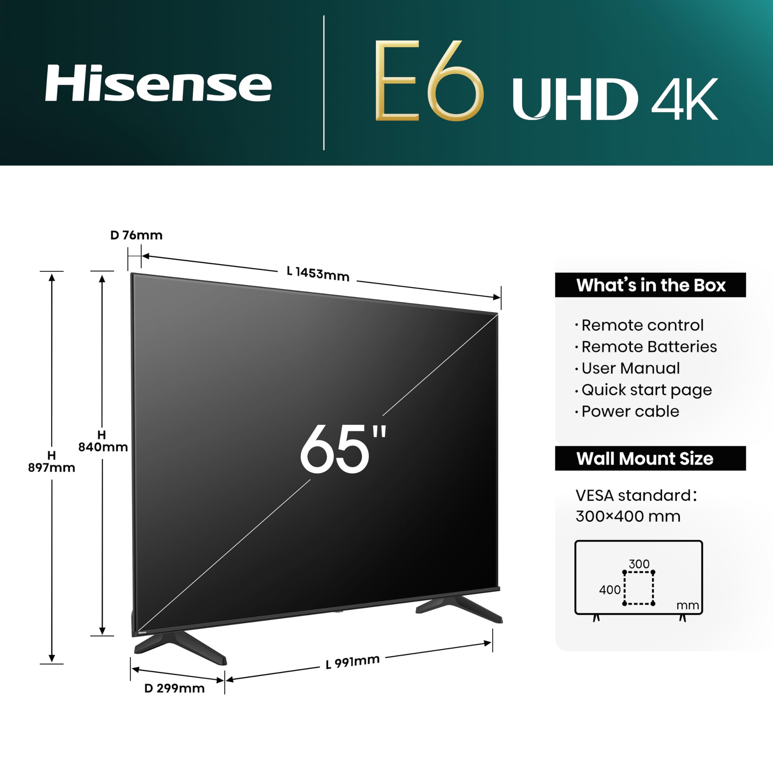 Hisense 65 inch Smart TV UHD 4K E6N-Dolby Vision,Game Mode Plus,Smooth Motion with MEMC,AI Sports Mode,Voice Control,Share to TV,Youtube,Netflix,Disney+,Shahid and Anghami,65E6N (2024 New Model)