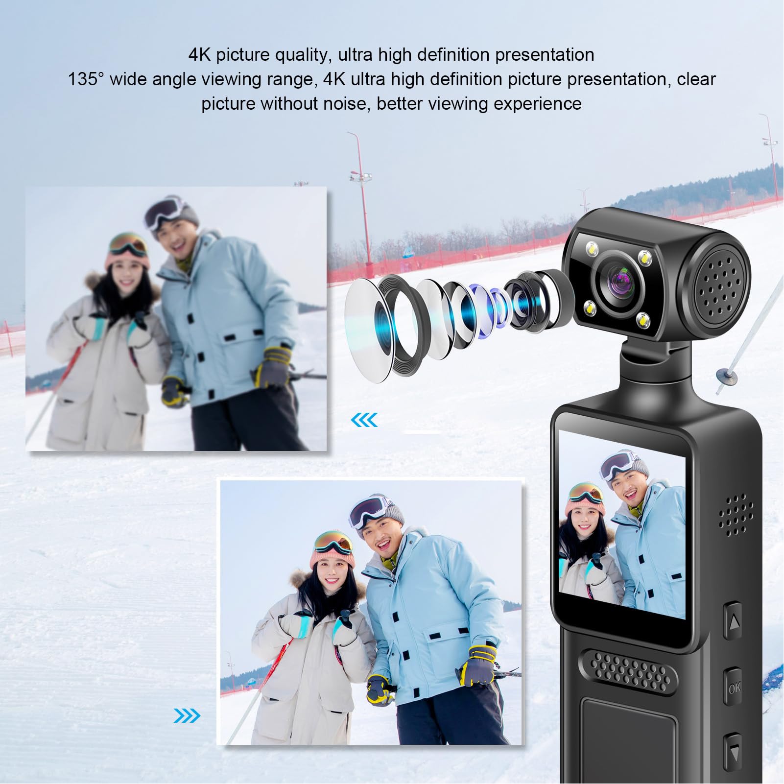 Handheld Action Camera, 4K HD WiFi Sports Camera with 180° Rotating Lens, 1.3 Inch HD Screen, 135° Ultra Wide, LED Flashlight, APP Control, Poc ket Camcorder for Travel