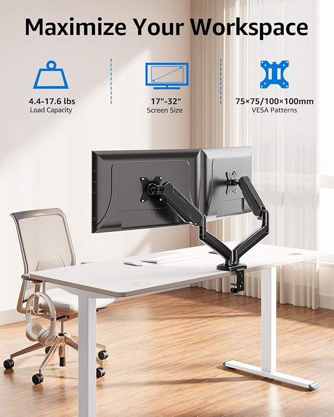 MOUNTUP Dual Monitor Stand for Desk, Adjustable Gas Spring Double Monitor Mount Holds 4.4-17.6 lbs and 13-32 Inch Screens, Monitor Arms for 2 Monitors, VESA 75x75 100x100 with C-clamp& Grommet, Black