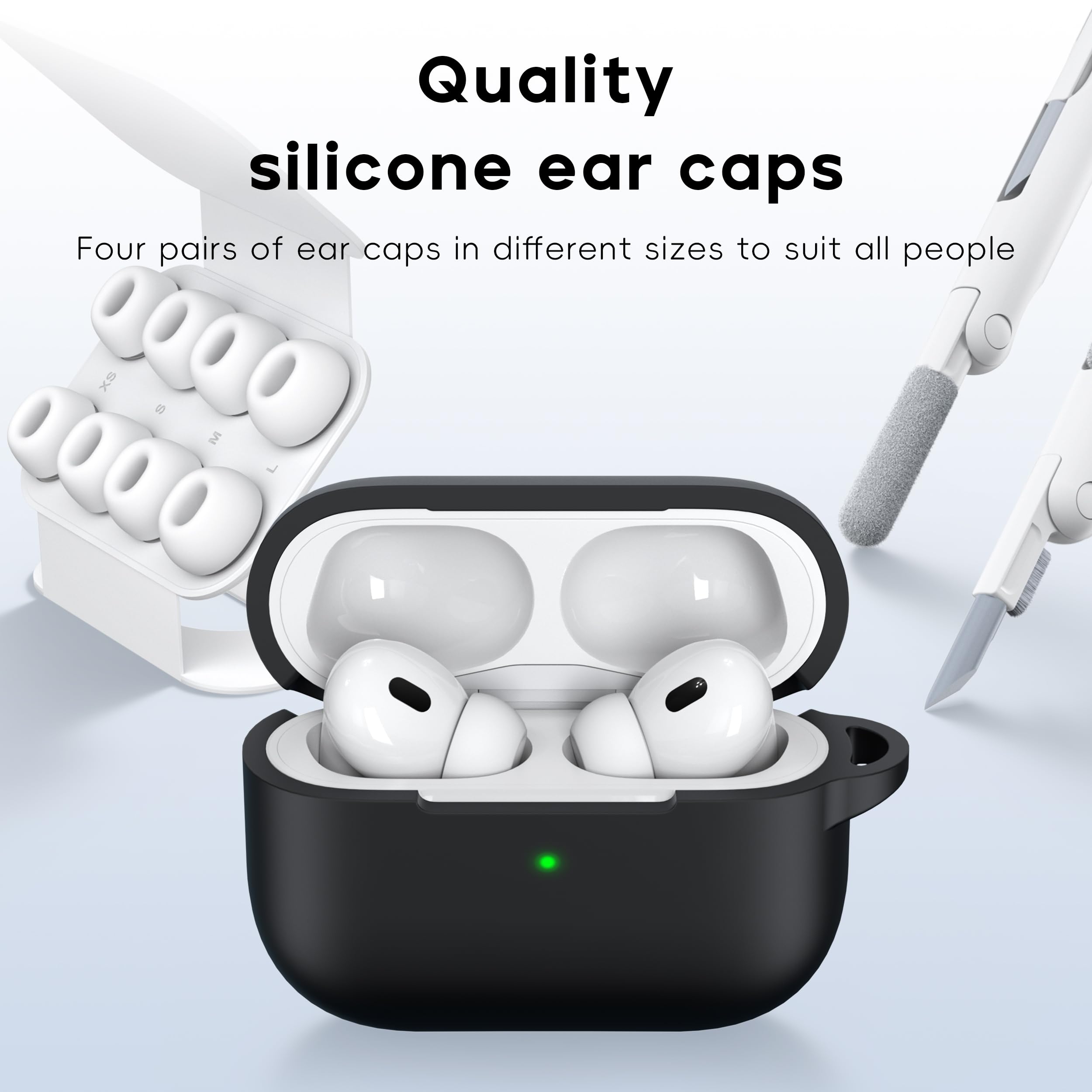 RFUNGUANGO Compatible with AirPods Pro 2nd Generation Case(2023/2022/2019), Soft Silicone Protection AirPod Pro Case Cover(USB-C/Lightning Cable) with Cleaner kit&EarTips,Black