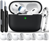 RFUNGUANGO Compatible with AirPods Pro 2nd Generation Case(2023/2022/2019), Soft Silicone Protection AirPod Pro Case Cover(USB-C/Lightning Cable) with Cleaner kit&EarTips,Black