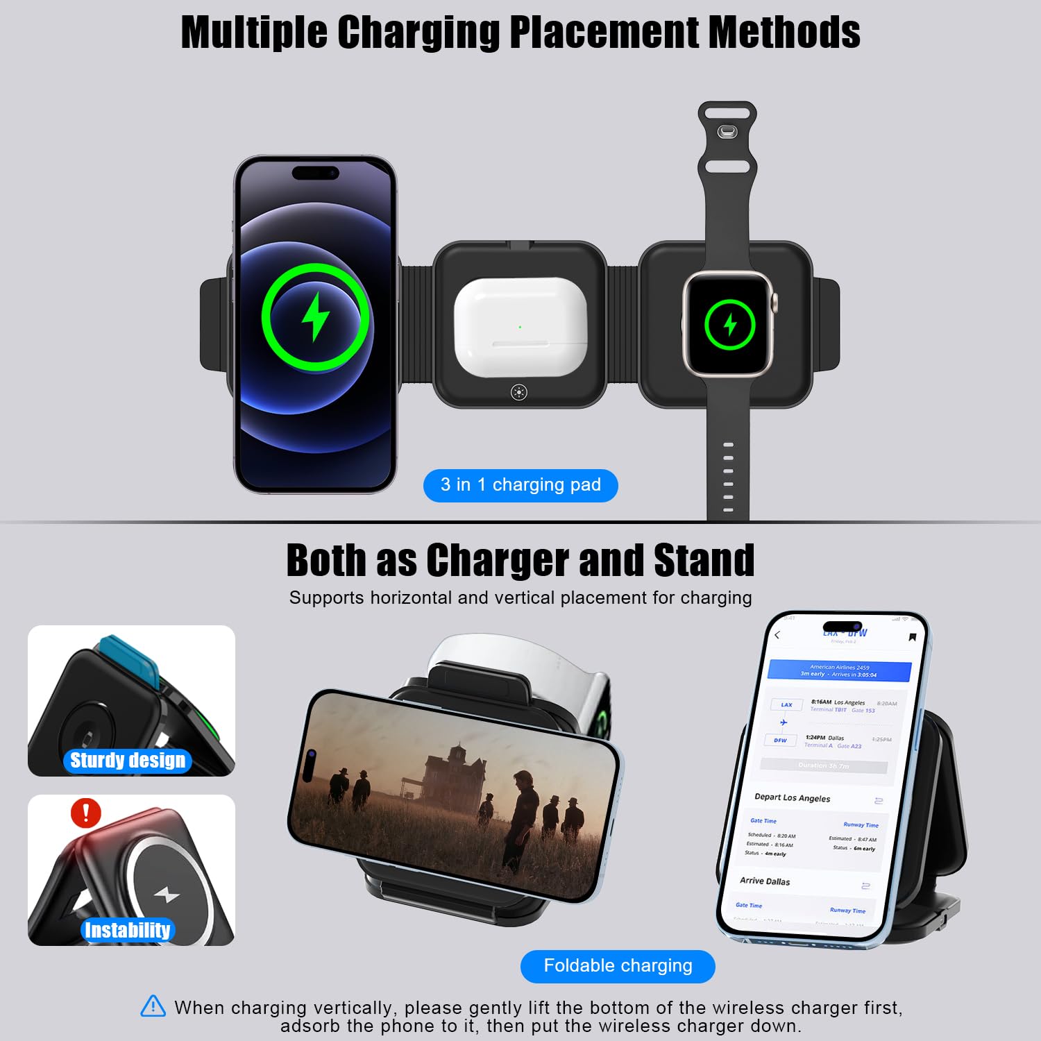 VICHYIE Wireless Charger 3 in 1 with Travel Case Portable, Fast Wireless Charging Station, Foldable Wireless Charger for iPhone 15/14/13/12 Series, AirPods Pro/3/2, iWatch - Black