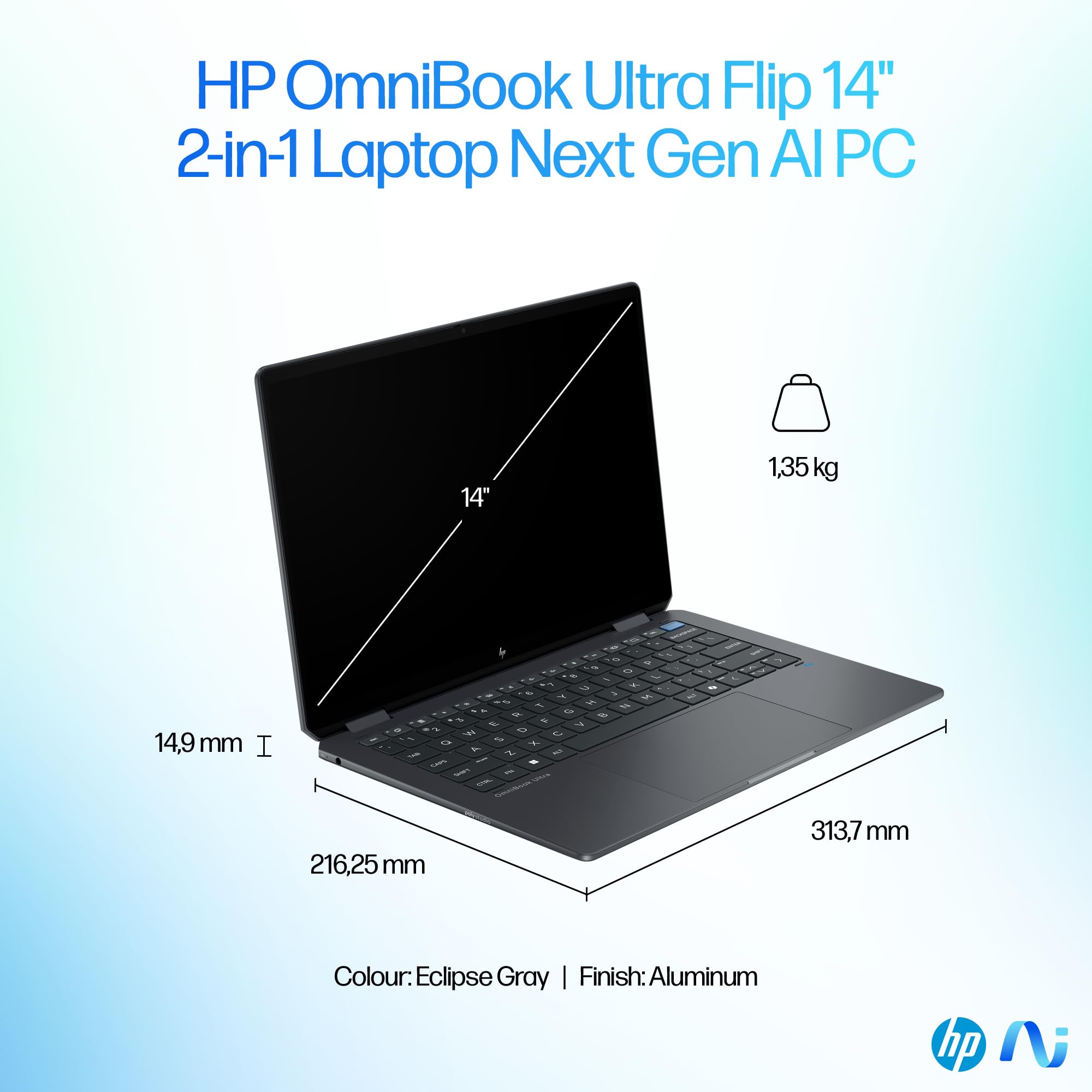 HP OmniBook Ultra Flip Laptop 14-fh0002ne, Intel Core Ultra 7-256V, 14" 3K OLED Touch Display, 16GB LPDRR5 RAM, 1TB SSD, Intel® Arc™ Graphics, Eng/Ar KB, Win11, Atmospheric blue [B13Y6EA]