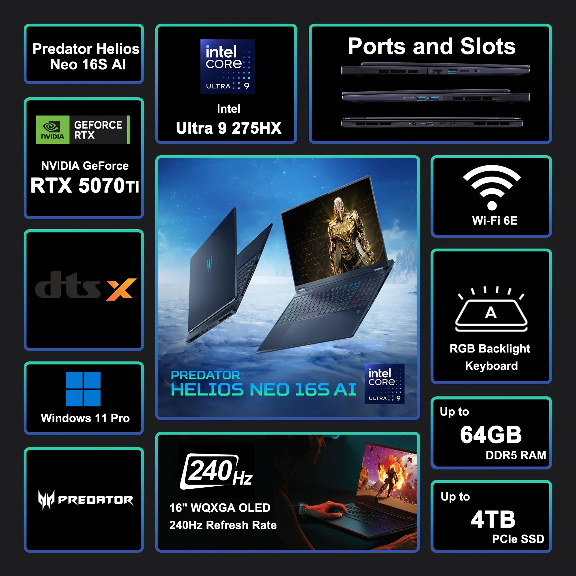 Acer Predator Helios Neo 16S AI Gaming Laptop 16" WQXGA OLED 240Hz (100% DCI-P3) Intel 24-core Ultra 9 275HX 32GB DDR5 1TB SSD GeForce RTX 5070 Ti DLSS4 (Up to 992 AI Tops) Win11Pro ICP Acc