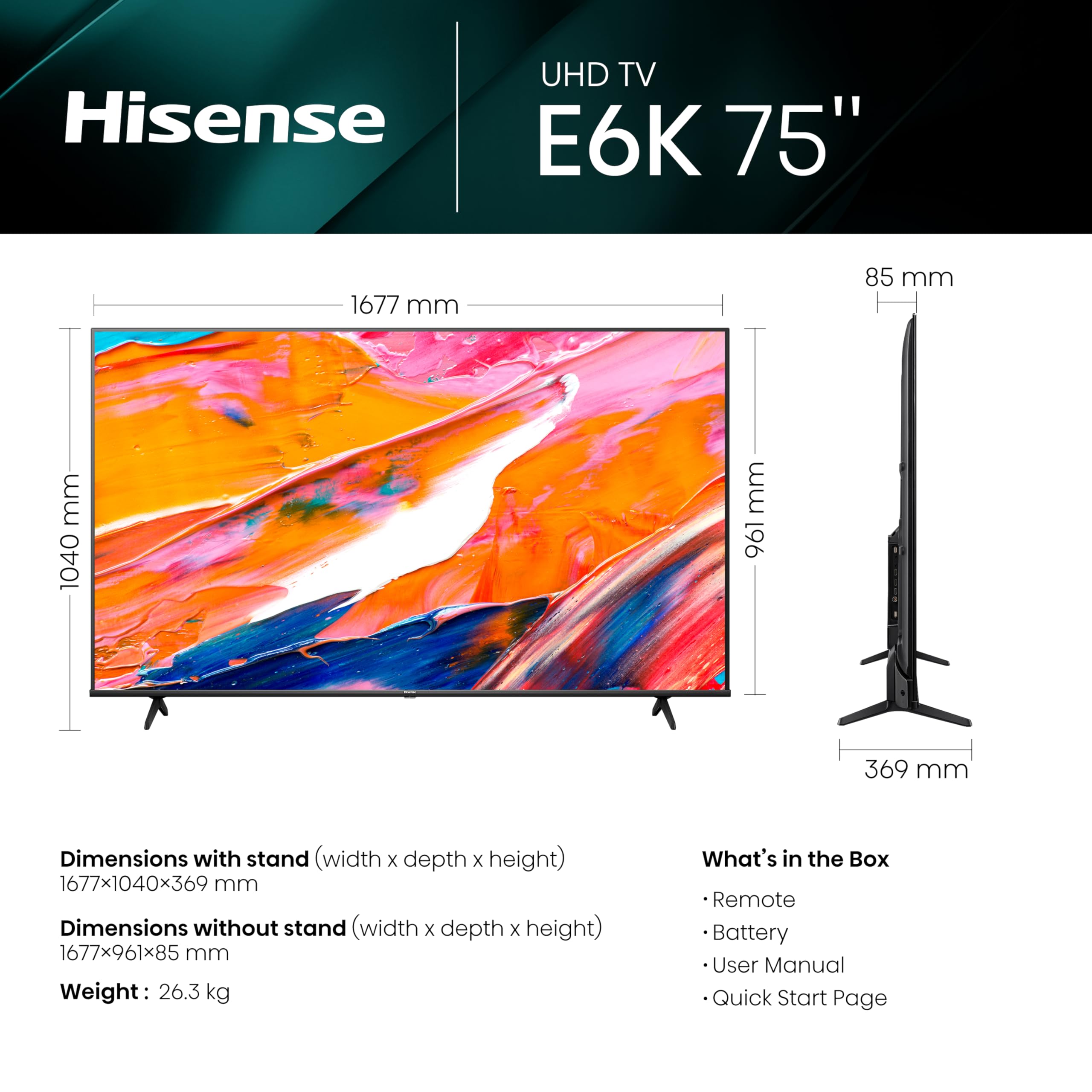 HISENSE 4K UHD Smart TV, 75 Inch E6K Black with Dolby Vision, Pixel Tuning, Share to TV Game Mode Plus, and Youtube, Netflix and Shahid, Big Size Ultra Hd Television 75E6K