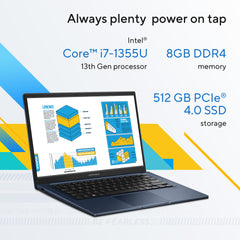 ASUS Vivobook 14 X1404VA-EB214W (Quiet Blue) Slim Laptop, i7-1355U 8GB 512GB PCIE G3 SSD, Intel UMA, WIN11 HOME, 14-inch, HD Webcam, Fingerprint, Backlit-Eng-Arb-KB. (Upgraded)