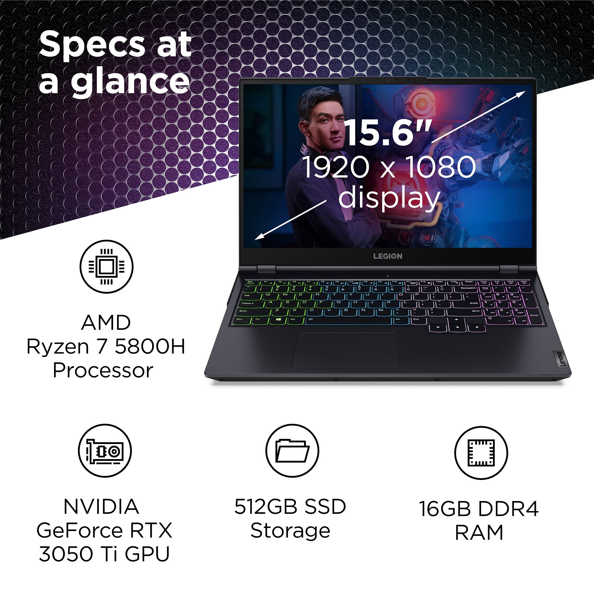 Lenovo Legion 5 Gaming Laptop, 15.6" FHD Display, AMD Ryzen 7 5800H, 16GB RAM, 512GB Storage, NVIDIA GeForce RTX 3050Ti, Windows 11 Home, Phantom Blue