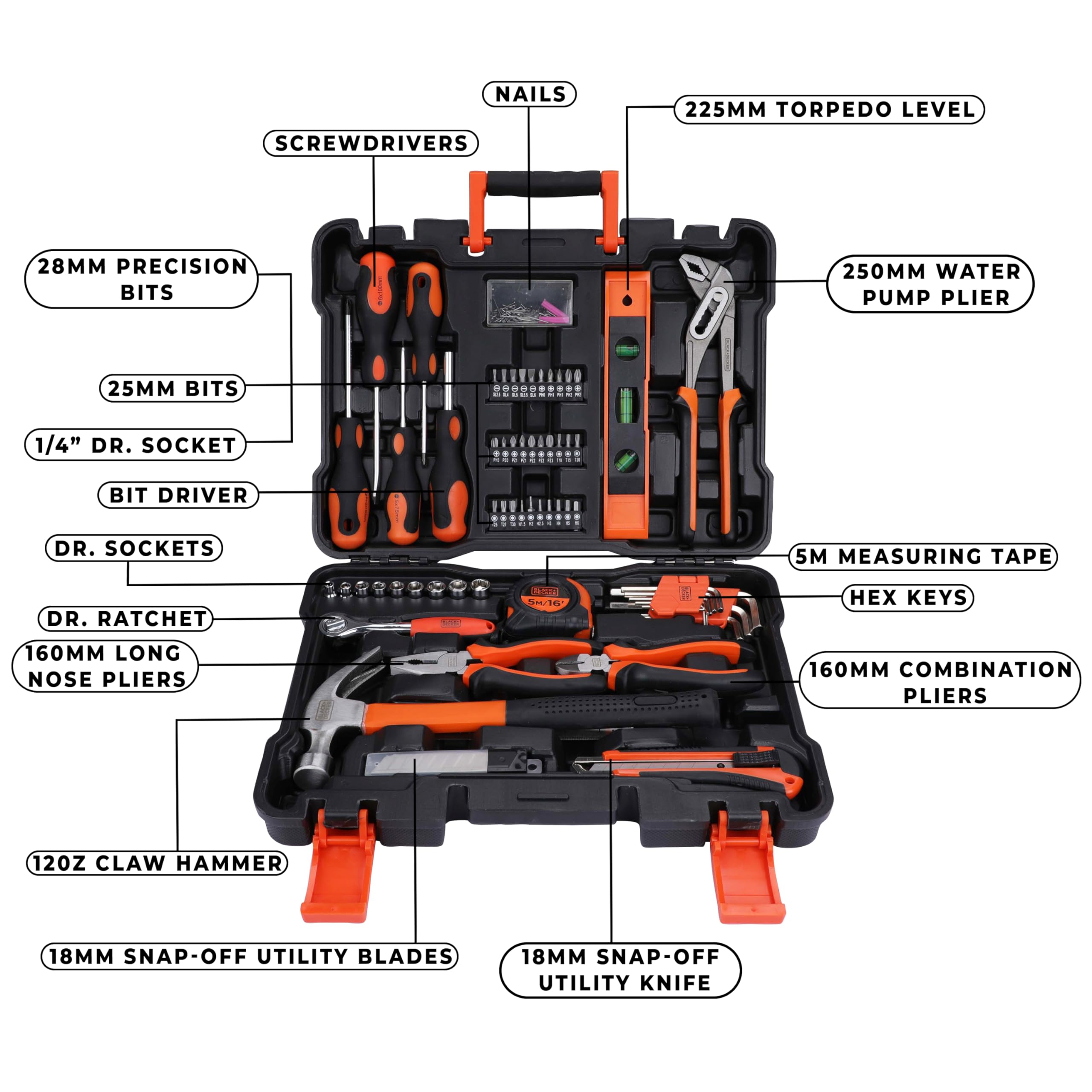 Black+Decker Professional Hand Tool Kit, Orange/Black, Bmt154C, 154 Pieces