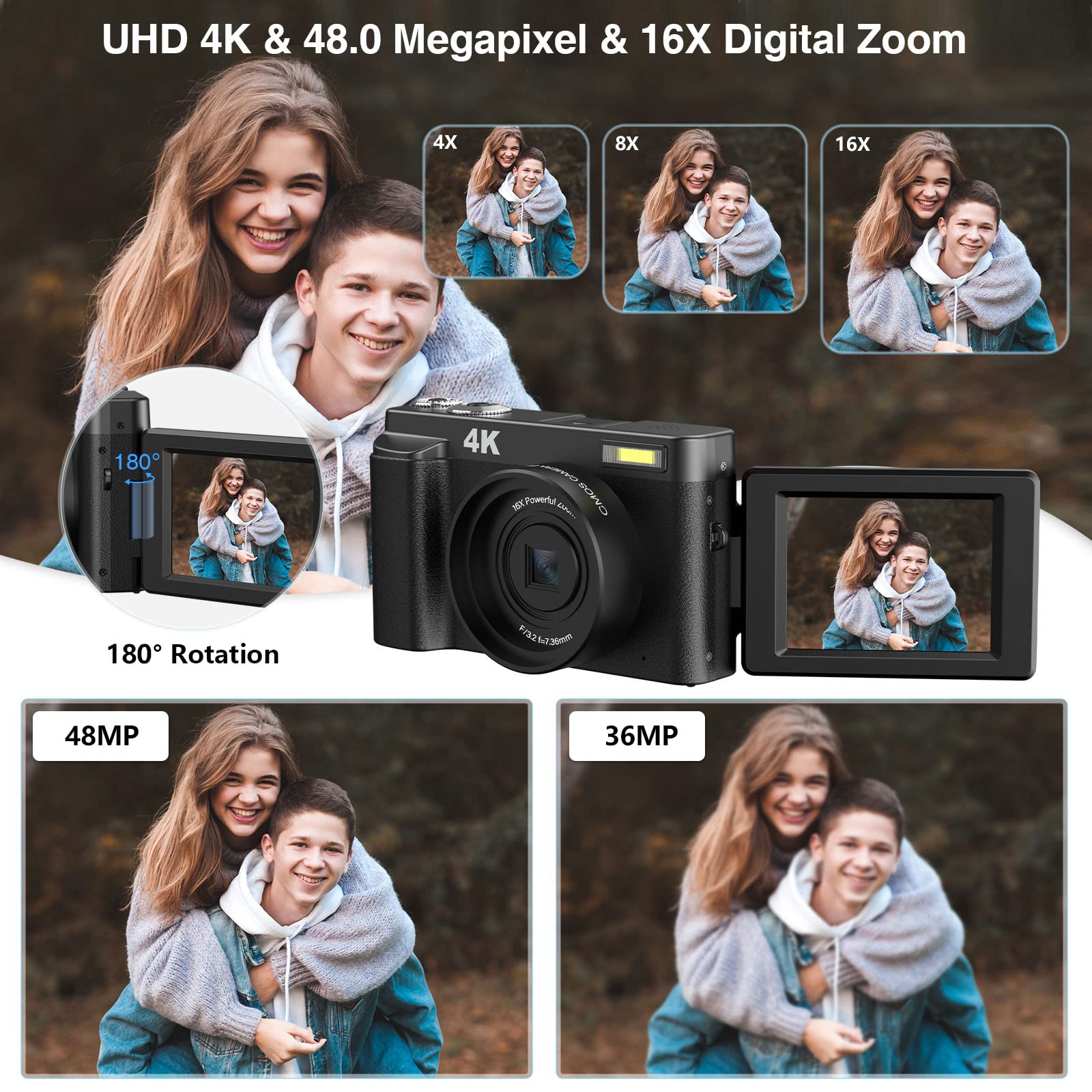 Autofocus Digital Camera, 4K Vlogging Camera for YouTube with WiFi, Autofocus Camera for Photography with 16X Digital Zoom, 32GB SD Card, 2 Batteries（Black-2）