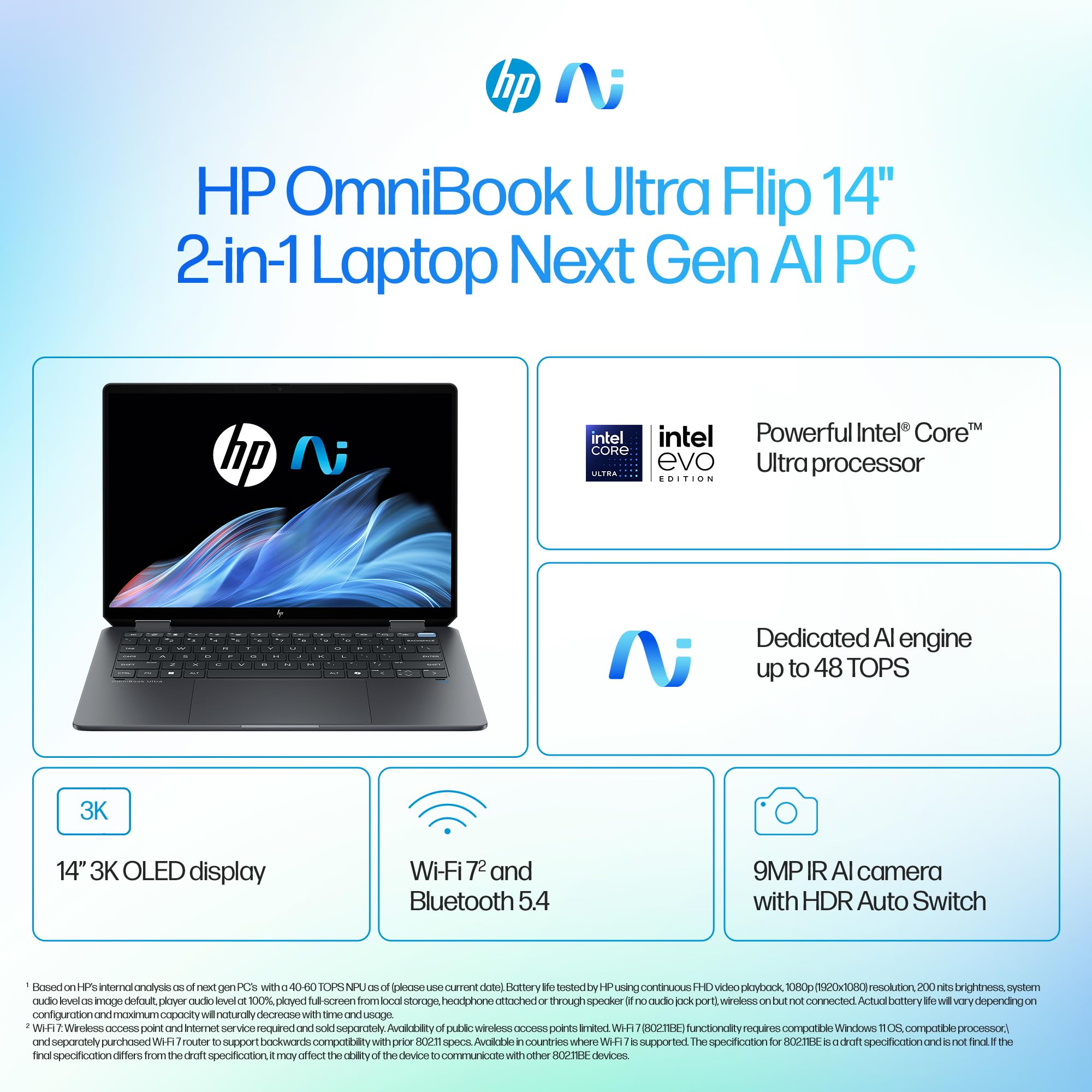 HP OmniBook Ultra Flip Laptop 14-fh0002ne, Intel Core Ultra 7-256V, 14" 3K OLED Touch Display, 16GB LPDRR5 RAM, 1TB SSD, Intel® Arc™ Graphics, Eng/Ar KB, Win11, Atmospheric blue [B13Y6EA]