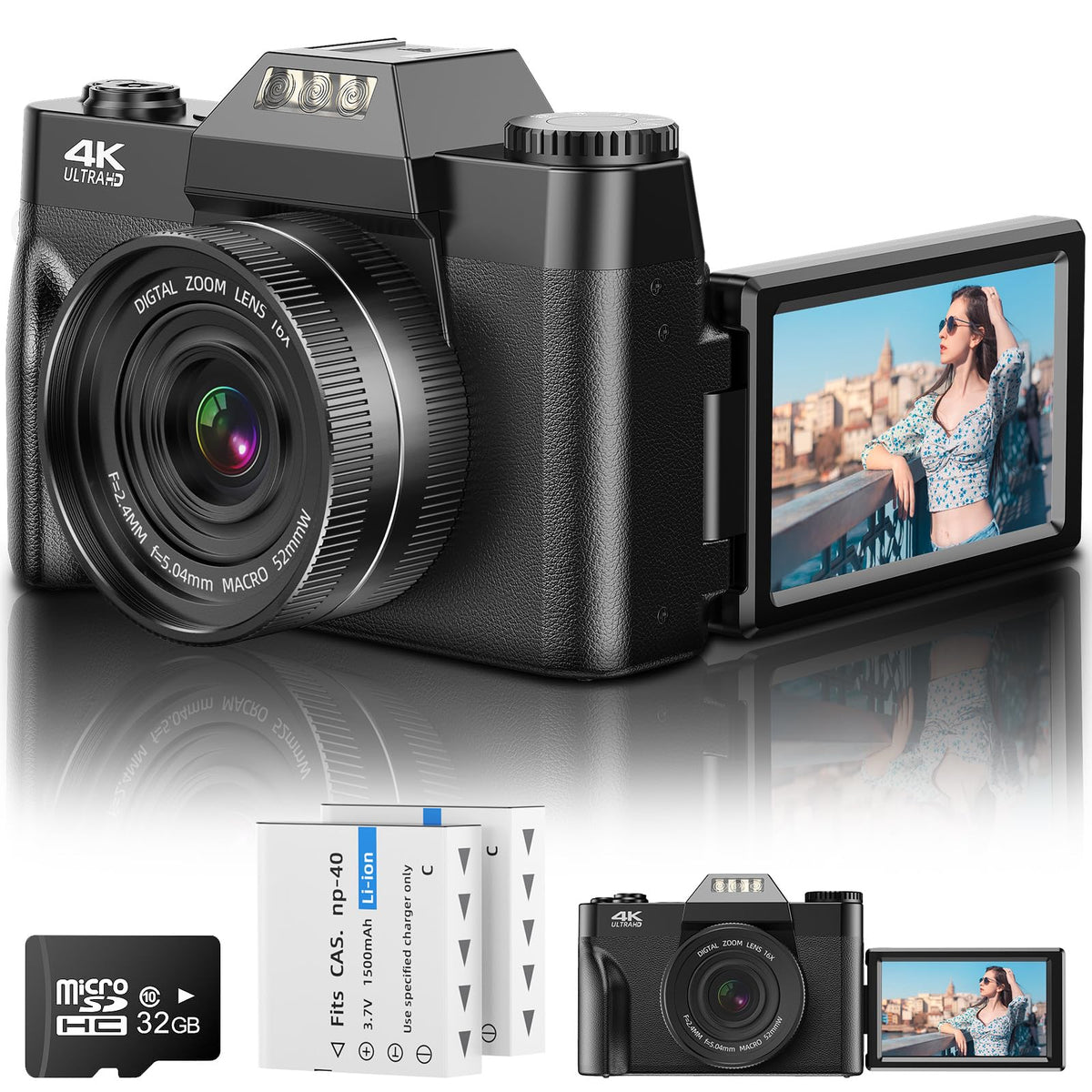 4K Digital Camera, 56MP Vlogging Camera with 3'' 180-degree Flip Screen, 16X Zoom Auto Focus Point and Shoot Digital Camera for Photography, 32GB Card & 2 Batteries for Teens Students Kids Boys Girls