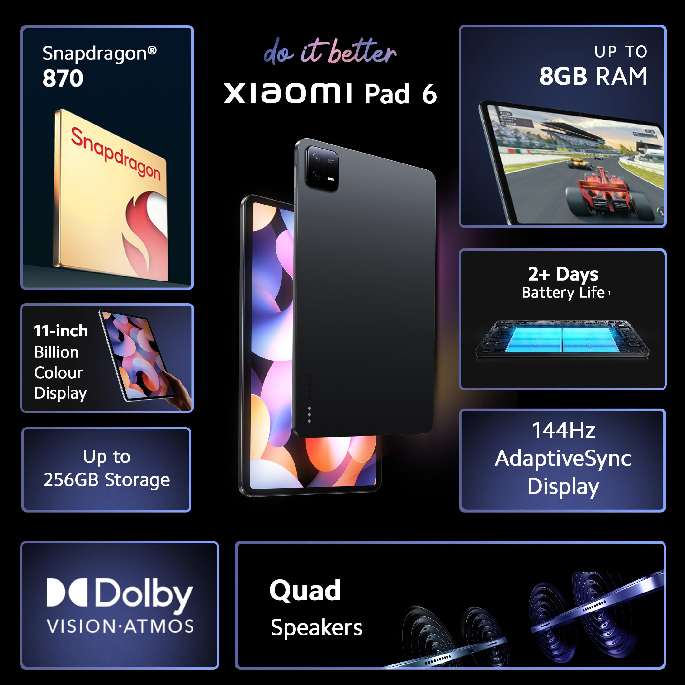 Xiaomi Pad 6| Qualcomm Snapdragon 870|144Hz Refresh Rate|8GB, 256GB|2.8K+ Display (11-inch/27.81cm)|1 Billion Colours| Dolby Vision Atmos| Quad Speakers| Wi-Fi| Gray (256 GB, 8 GB RAM, Graphite Grey)
