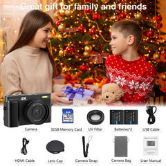 Autofocus Digital Camera, 4K Vlogging Camera for YouTube with WiFi, Autofocus Camera for Photography with 16X Digital Zoom, 32GB SD Card, 2 Batteries（Black-2）