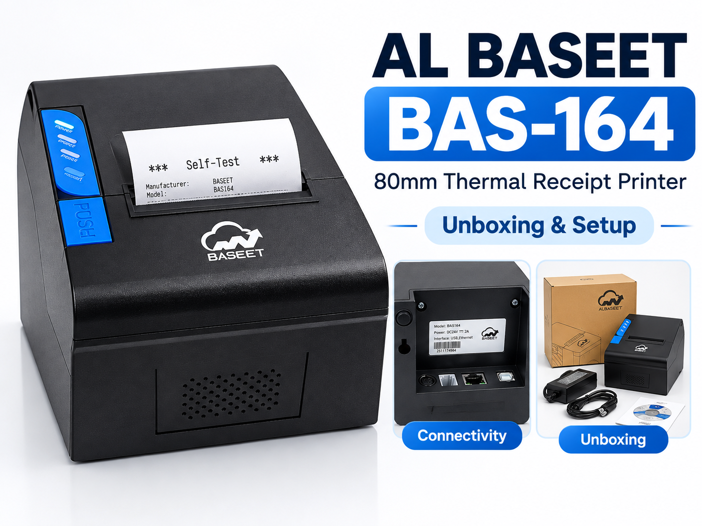 AL BASEET BAS-164 80mm Thermal Receipt Printer, High-Speed Direct Thermal POS Billing Printer, Inkless Receipt Printer for Windows, Mac & Linux, Retail, Restaurant, Supermarket, Cafe & CheckoutCounter