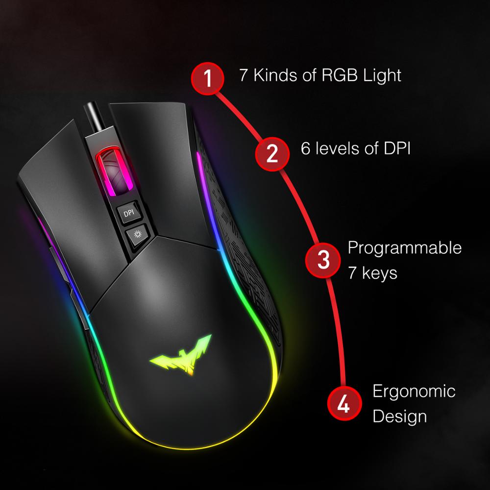 Havit RGB Gaming Mouse Wired Programmable Ergonomic USB Mice 4800 DPI 7 Buttons &amp; 7 Color Backlit for PC Gamer Computer Desktop