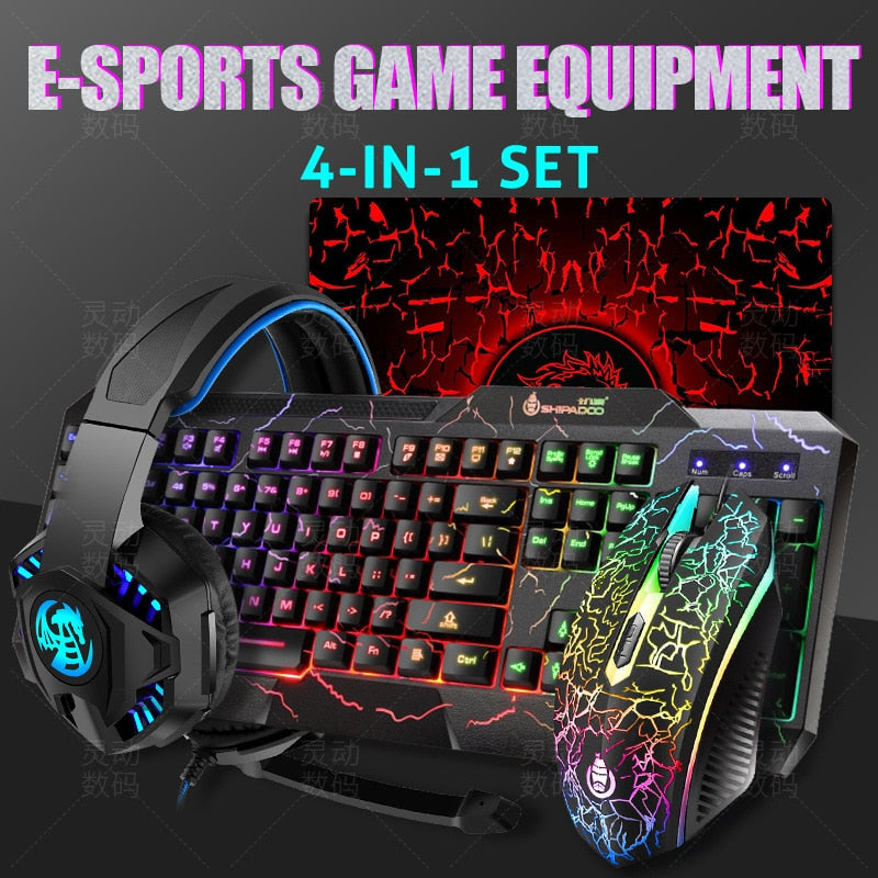 Gaming Keyboard Mouse LED Breathing Backlight Ergonomics Pro  Combos USB Wired Full Key Professional Mouse Keyboard 4 In1