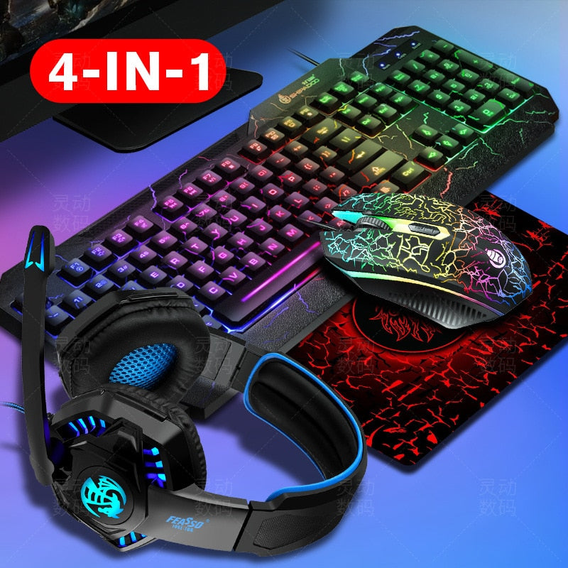 Gaming Keyboard Mouse LED Breathing Backlight Ergonomics Pro  Combos USB Wired Full Key Professional Mouse Keyboard 4 In1