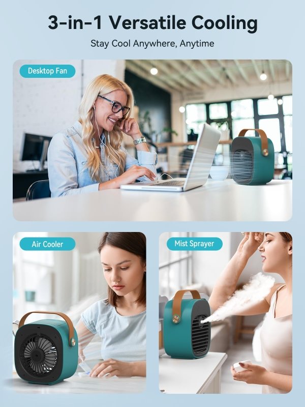 Air Conditioner Portable - 5200mAh Rechargeable Personal Air Cooler, Mini Air Conditioner with 3 Speeds, Quiet Desk Cooling Fan for Home, Bedroom, Travel, Office, Outdoor, Indoorhoniitaa