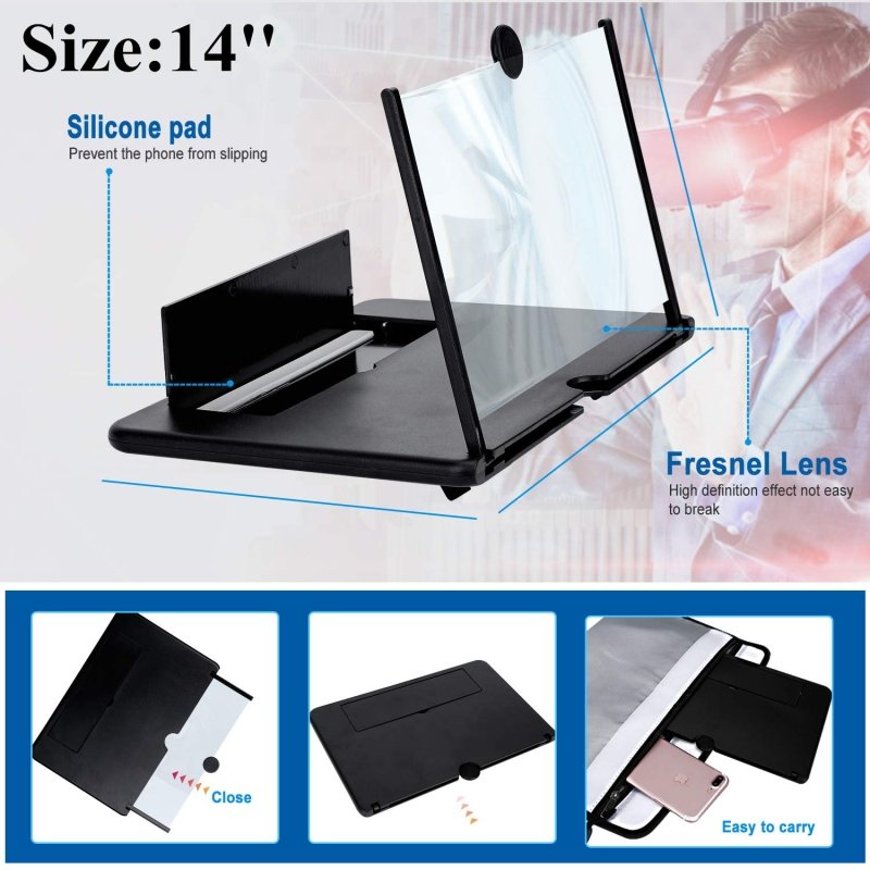 Cinyiuze 14'' 3D Phone Screen Magnifier – HD Magnifier Projector Screen Enlarger for Videos, Movies, Games – Foldable Phone Stand with Screen Amplifier – Supports All Smartphones (Black)‎Cinyiuze
