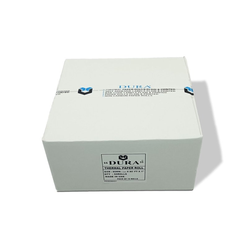 Dura® Brand Thermal Paper Rolls Article 80x80′ – 50Rolls Per Carton Reciept Paper for POS Machines, Cash Registers. Smooth, Clear Printing. Size: 80mm+/ - 1mm x 80ft x 1” Paper Core‎dura