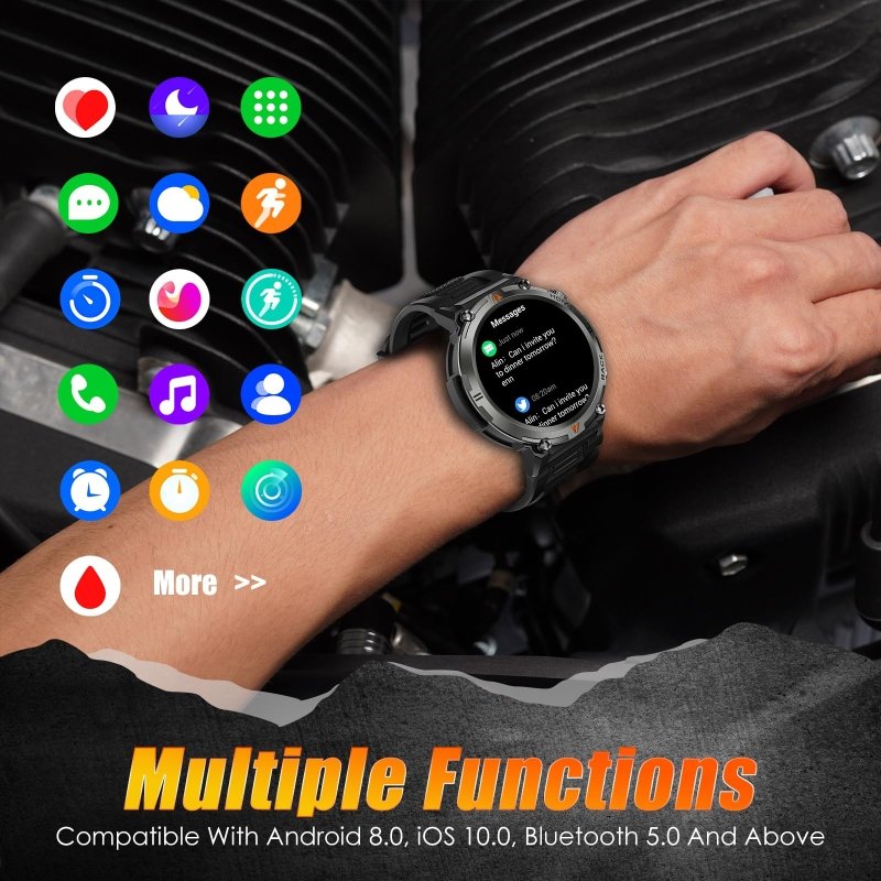 EIGIIS Military Smart Watch for Men Tactical Rugged with Bluetooth Call Flashlight 1.45'' Big Screen Fitness Tracker Heart Rate Sleep Monitor Waterproof Sports Smartwatch iPhone Android BlackEIGIIS
