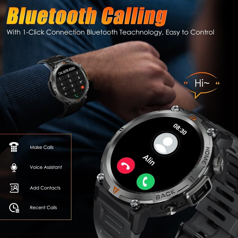 EIGIIS Military Smart Watch for Men Tactical Rugged with Bluetooth Call Flashlight 1.45'' Big Screen Fitness Tracker Heart Rate Sleep Monitor Waterproof Sports Smartwatch iPhone Android BlackEIGIIS