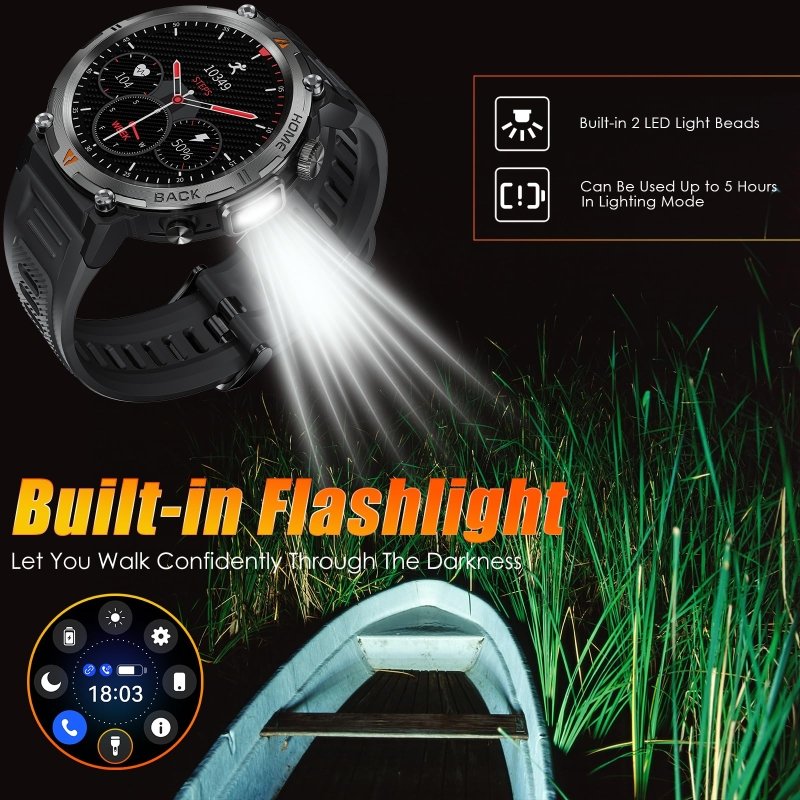 EIGIIS Military Smart Watch for Men Tactical Rugged with Bluetooth Call Flashlight 1.45'' Big Screen Fitness Tracker Heart Rate Sleep Monitor Waterproof Sports Smartwatch iPhone Android BlackEIGIIS