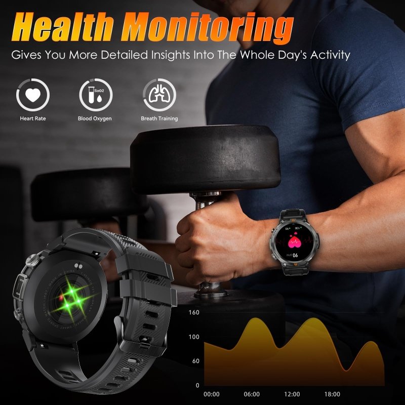 EIGIIS Military Smart Watch for Men Tactical Rugged with Bluetooth Call Flashlight 1.45'' Big Screen Fitness Tracker Heart Rate Sleep Monitor Waterproof Sports Smartwatch iPhone Android BlackEIGIIS