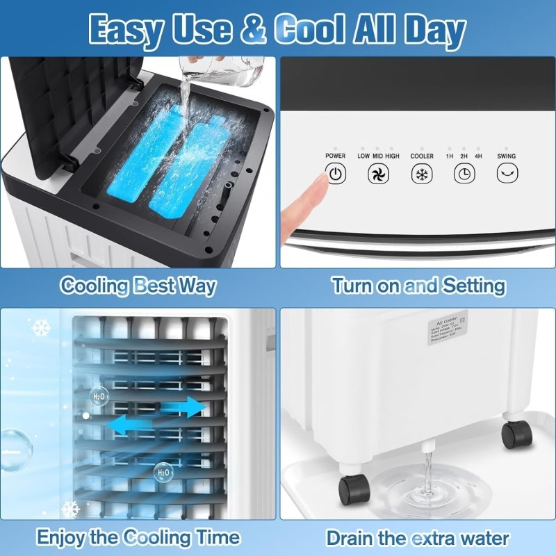 Evaporative Air Cooler, TDOO Cooling Fan with 3 Modes & 3 Speeds, Windowless Air Conditioner with 12 - H Timer Remote Control，Portable ac Unit w/ 10L Water Tank, Fast Cooling for Room‎TDOO