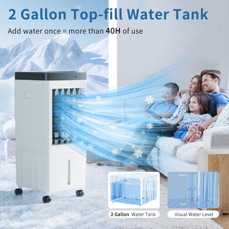 Evaporative Air Cooler, TDOO Cooling Fan with 3 Modes & 3 Speeds, Windowless Air Conditioner with 12 - H Timer Remote Control，Portable ac Unit w/ 10L Water Tank, Fast Cooling for Room‎TDOO