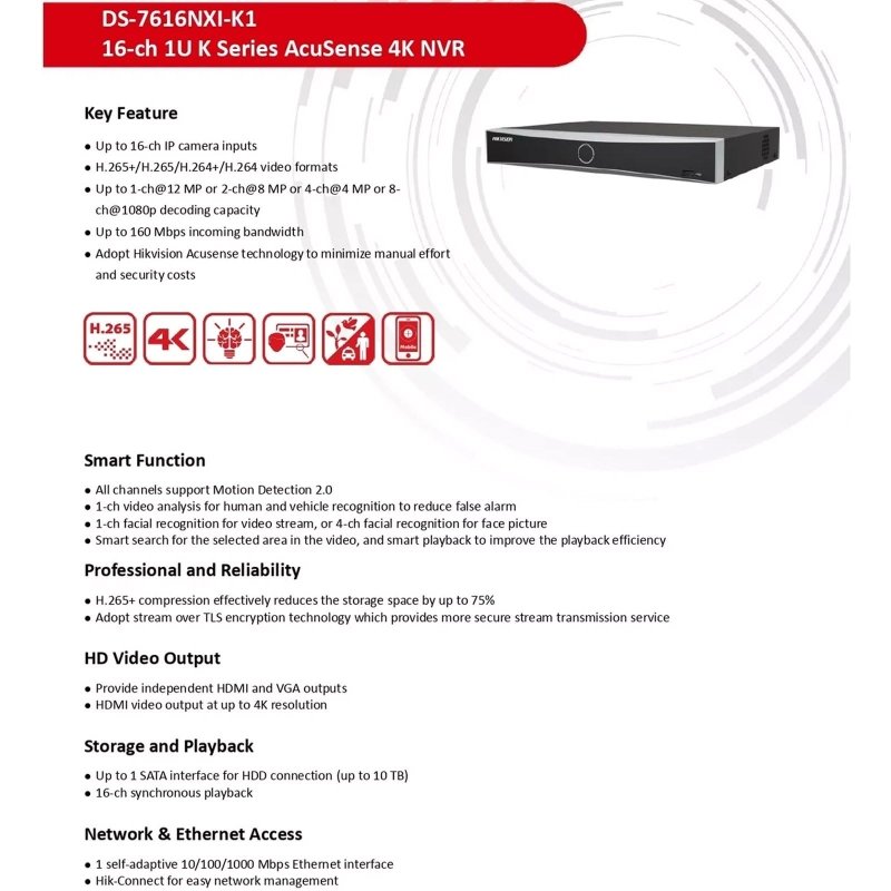 HIKVISION 16 Channel 8MP 4K NVR [DS - 7616NXI - K1] for IP Network CCTV Cameras with USEWELL HDMI, BlackVisit the HIKVISION Store