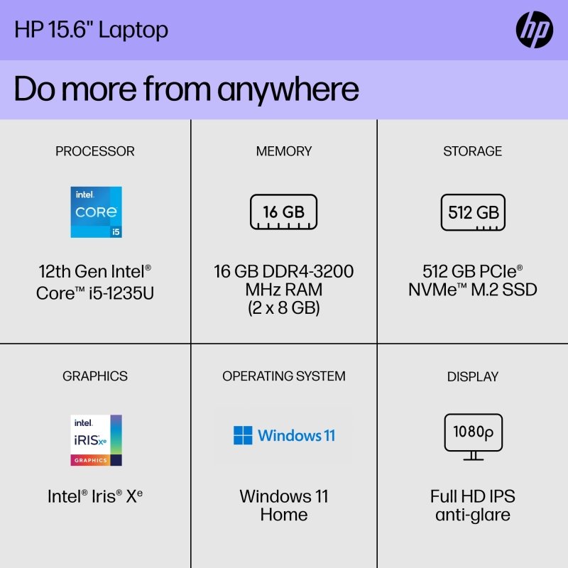 HP 15.6 inch Laptop, FHD Display, 12th Gen Intel Core i5, 16 GB RAM, 512 GB SSD, Intel Iris Xe Graphics, Windows 11 Home, 15 - dy5399nr (2023)‎HP