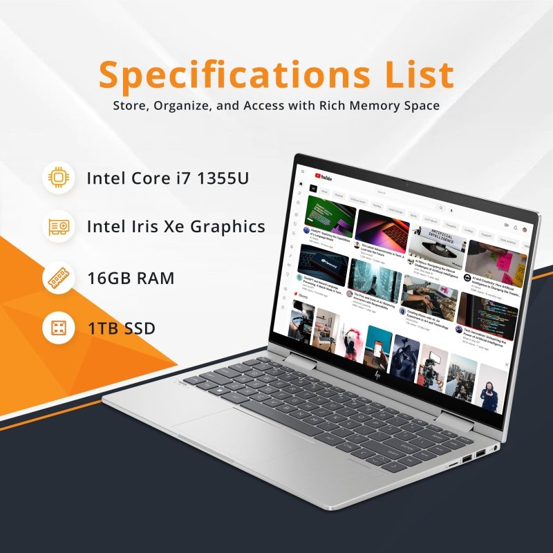 HP ENVY X360 14 - ES0033DX 2 in 1 Laptop, Intel Core i7 - 1355U,16GB DDR4 RAM,1TB SSD 14 Inch FHD IPS touch Display, Intel Iris Xe Graphics, Windows 11, Natural Silver - English Keyboard‎HP