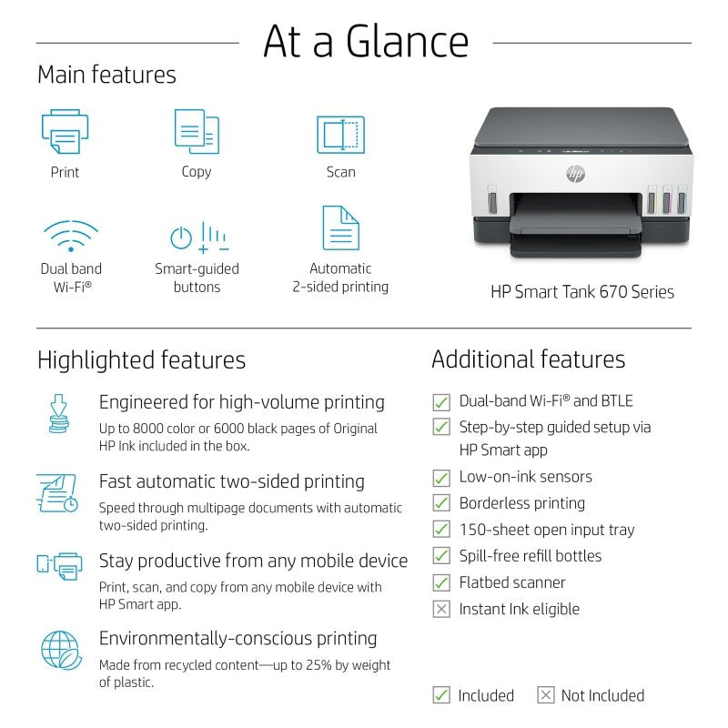 HP Smart Tank 670 All - in - One Printer, Print, Scan, Copy, Wireless, Scan to PDF, Fast two - sided printing, Up to 18,000 black or 8,000 color pages - White/Grey [6UU48A]Visit the HP Store