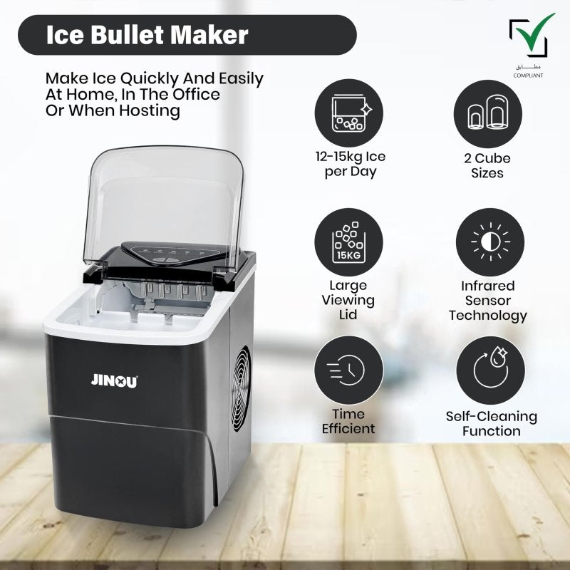 JINOU Ice Maker - 2L Refillable Water Tank – Made with Premium Quality Abs Material, Updated Electronics & Cooling System - Ice Cube Maker Produces 12 Kg Ice In 24 HoursJinou