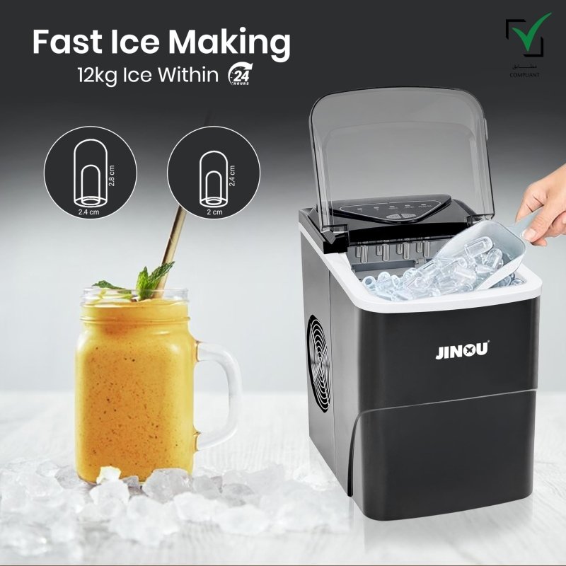JINOU Ice Maker - 2L Refillable Water Tank – Made with Premium Quality Abs Material, Updated Electronics & Cooling System - Ice Cube Maker Produces 12 Kg Ice In 24 HoursJinou