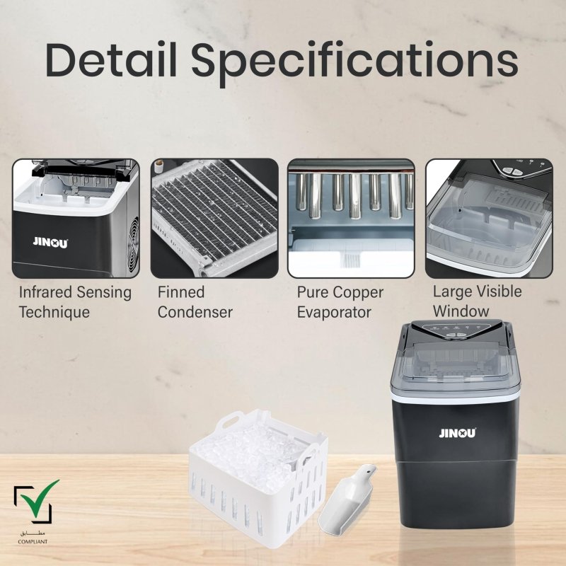 JINOU Ice Maker - 2L Refillable Water Tank – Made with Premium Quality Abs Material, Updated Electronics & Cooling System - Ice Cube Maker Produces 12 Kg Ice In 24 HoursJinou