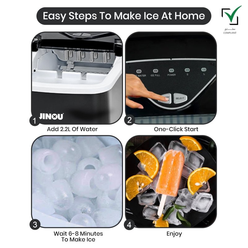 JINOU Ice Maker - 2L Refillable Water Tank – Made with Premium Quality Abs Material, Updated Electronics & Cooling System - Ice Cube Maker Produces 12 Kg Ice In 24 HoursJinou