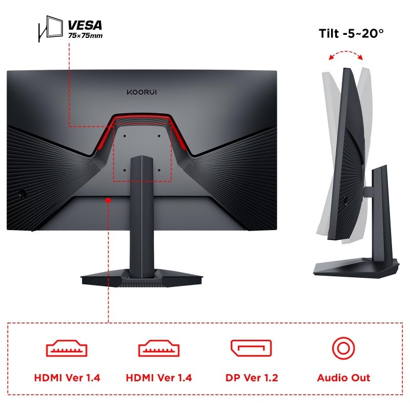 KOORUI 24 Inch Gaming Monitor, 165Hz 1080p 1ms IPS, Adaptive Sync, PC Monitor HDMI, Tilt Adjustable, Eye Care, VESA Wall Mountable (FHD 1920x1080, DisplayPort) Black‎KOORUI
