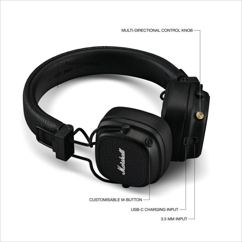 Marshall Major V Bluetooth Headphones - Foldable Bluetooth Wireless Headphones Bluetooth with 100+ Hours of Playtime (Black)Visit the Marshall Store