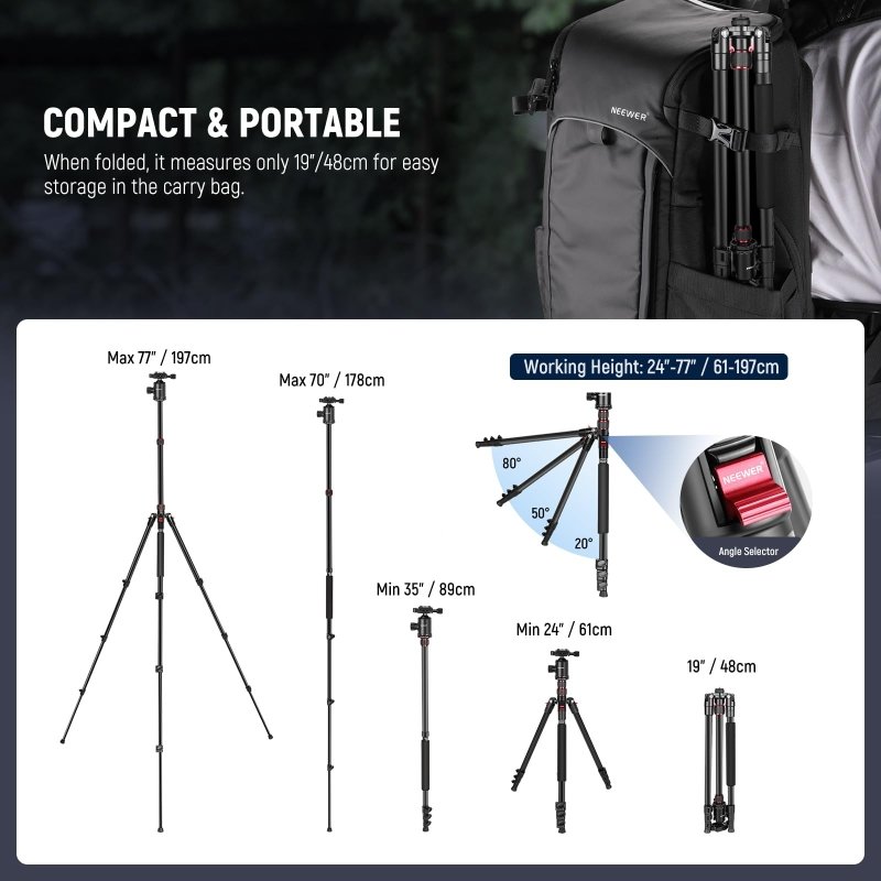Neewer 77 - Inch Tripod, Camera Tripod for DSLR, 2 - in - 1 Compact Aluminum Tripod Monopod with 360 Degree Ball Head, 2 Center Axis, QR Plate and 8 Kilograms Load for Travel and Work, Carry Bag IncludedVisit the NEEWER Store