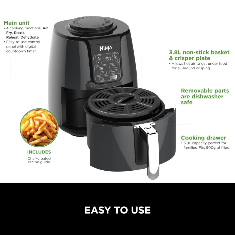 Ninja Air Fryer Af100, Roast, Reheat, Dehydrate, 3.8 L, 1550 Watts, Grey And Black"Min 1 year manufacturer warranty"‎Ninja