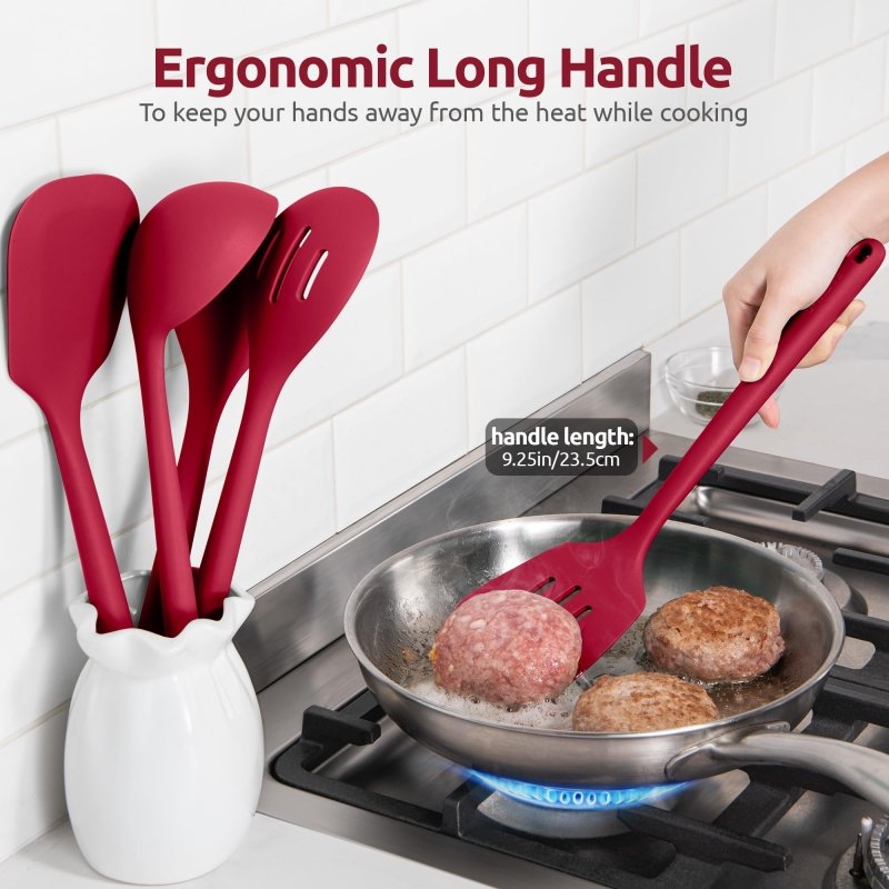 Silicone Kitchen Cooking Utensil - U - Taste 315℃ Heat Resistant BPA Free Seamless Solid & Slotted Turner and Spoon, Soup Ladle for Non - Stick Pan/Wok Cookware (Set of 5, Red)‎U - Taste
