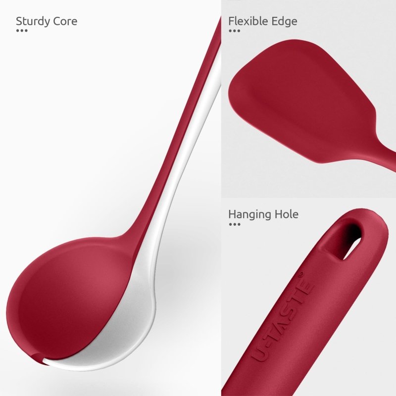 Silicone Kitchen Cooking Utensil - U - Taste 315℃ Heat Resistant BPA Free Seamless Solid & Slotted Turner and Spoon, Soup Ladle for Non - Stick Pan/Wok Cookware (Set of 5, Red)‎U - Taste
