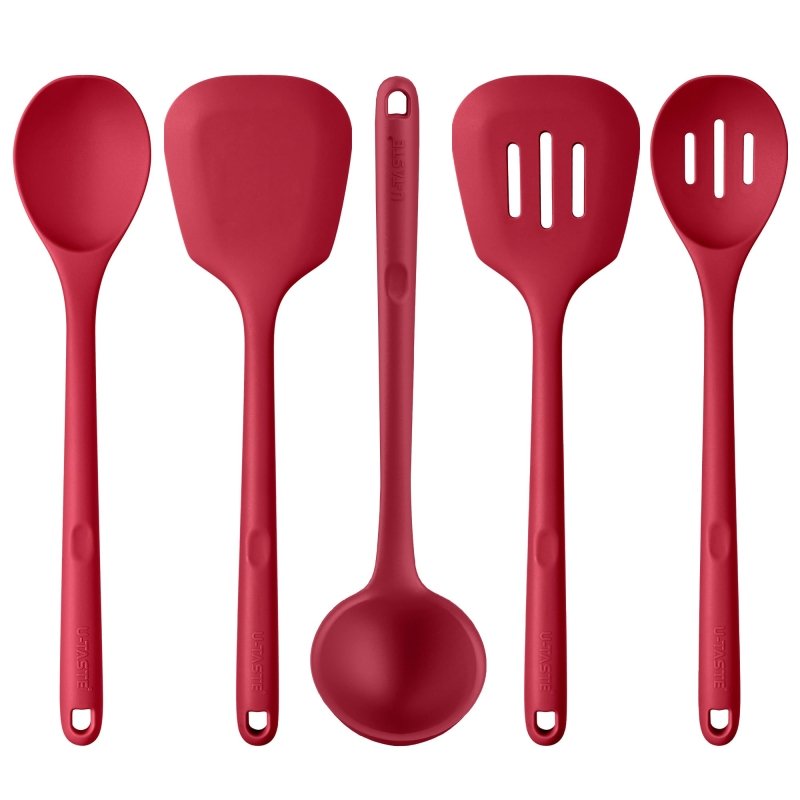 Silicone Kitchen Cooking Utensil - U - Taste 315℃ Heat Resistant BPA Free Seamless Solid & Slotted Turner and Spoon, Soup Ladle for Non - Stick Pan/Wok Cookware (Set of 5, Red)‎U - Taste