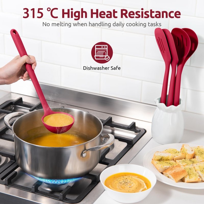 Silicone Kitchen Cooking Utensil - U - Taste 315℃ Heat Resistant BPA Free Seamless Solid & Slotted Turner and Spoon, Soup Ladle for Non - Stick Pan/Wok Cookware (Set of 5, Red)‎U - Taste