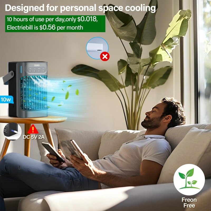 Small Portable Air Conditioner, LEAEYFE 3 Higher Speeds With 800ml Extra Large Water Tank, 120° Oscillating Mini Cooler Works Within 9 Feet, 2/8 Hour Timer,For Desk, Home, bed and Living RoomLEAEYFE